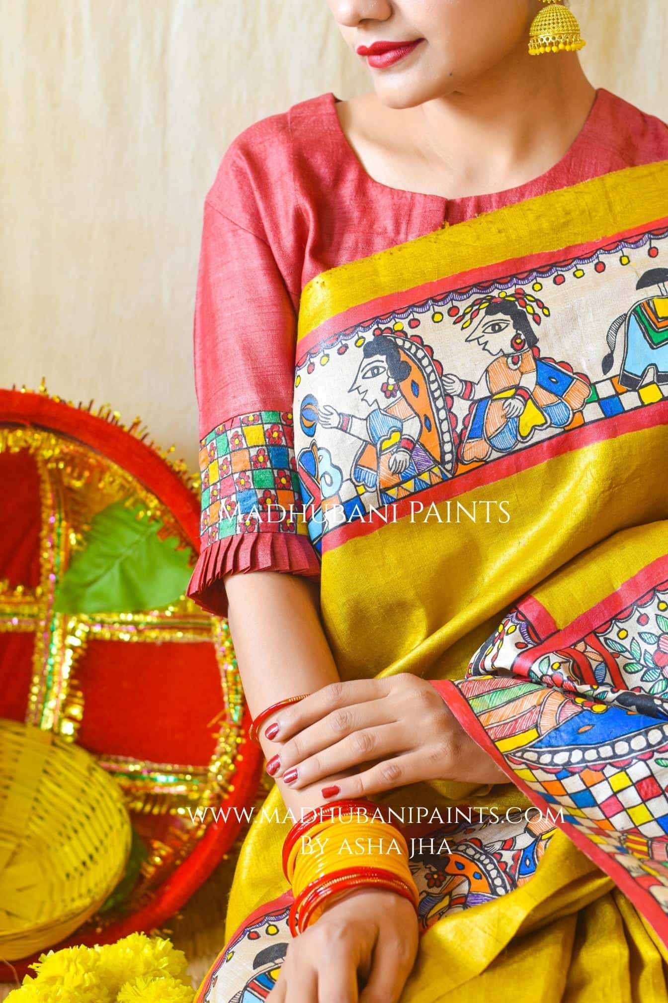 Mithila Kohbar Hand Painted Madhubani Tussar Silk Saree Blouse — image 9 of 10