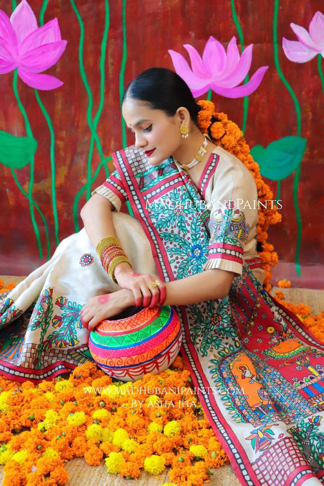 'MALINI' Handpainted Madhubani Tussar Silk Saree — image 3 of 7
