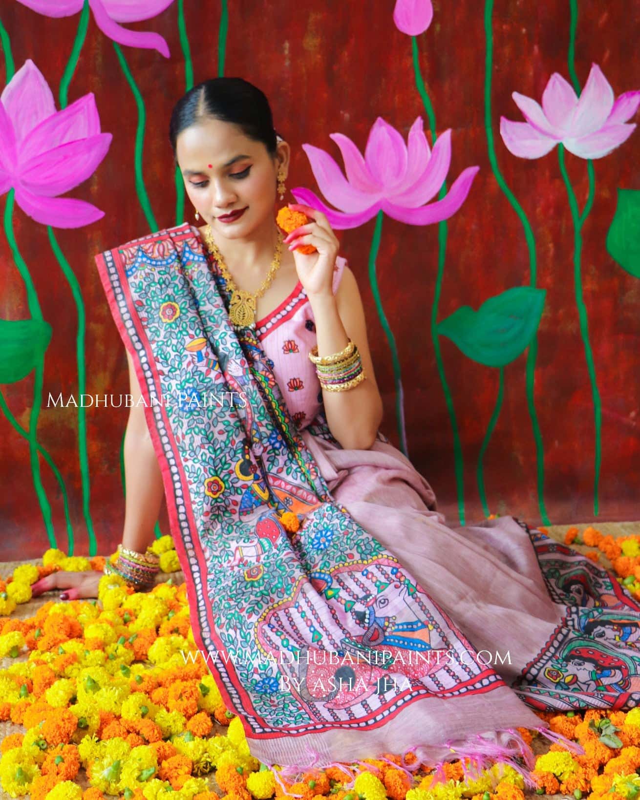 'BHARGAVI' Handpainted Madhubani Chanderi Saree — image 4 of 7