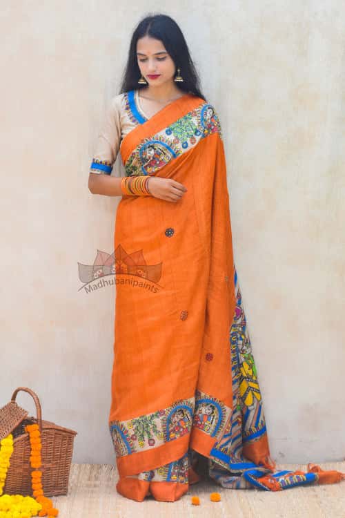 'BHAVYA DURGA' Handpainted Madhubani Tussar Silk Saree Blouse — image 2 of 5