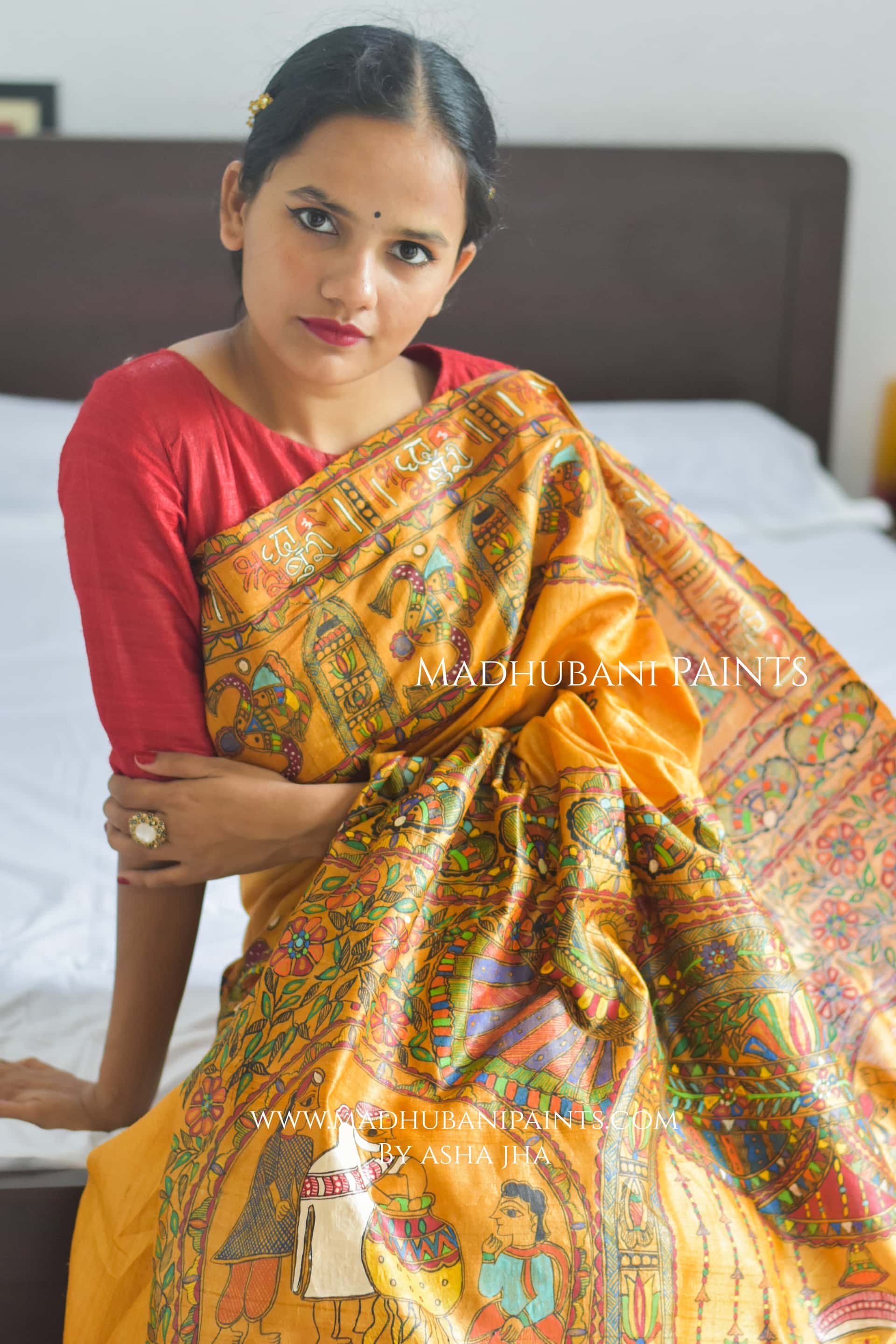 'SAI BABA' Handpainted Madhubani Tussar Silk Saree — image 8 of 8