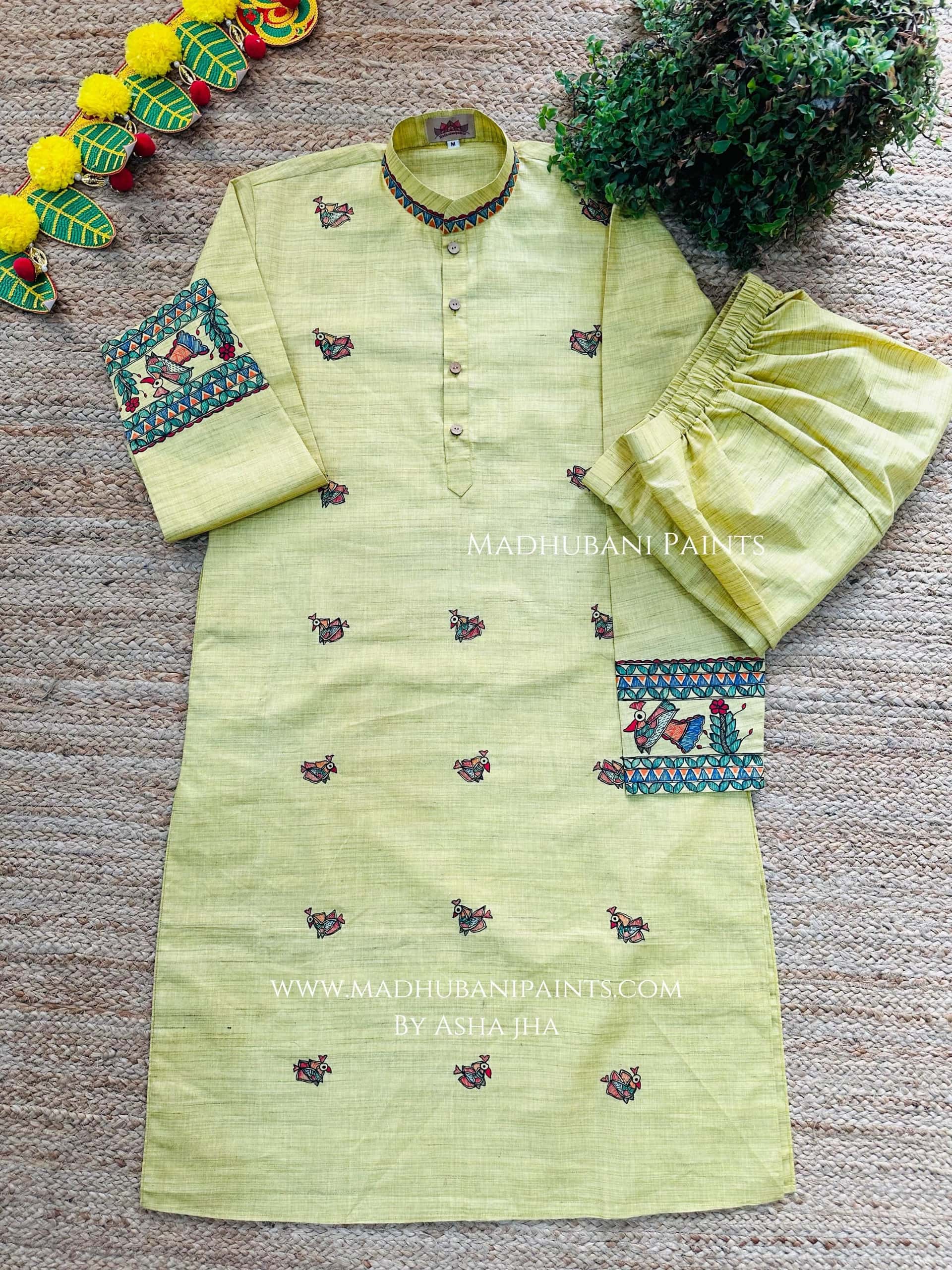 Yellow Mayuri Hand-painted Handloom Men's Cotton Kurta — image 5 of 9
