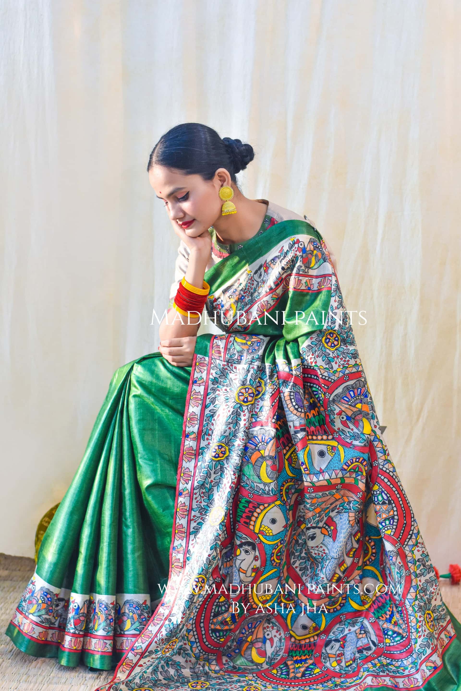 'HARIYALI'  Handpainted Madhubani Tussar Silk Saree — image 7 of 9