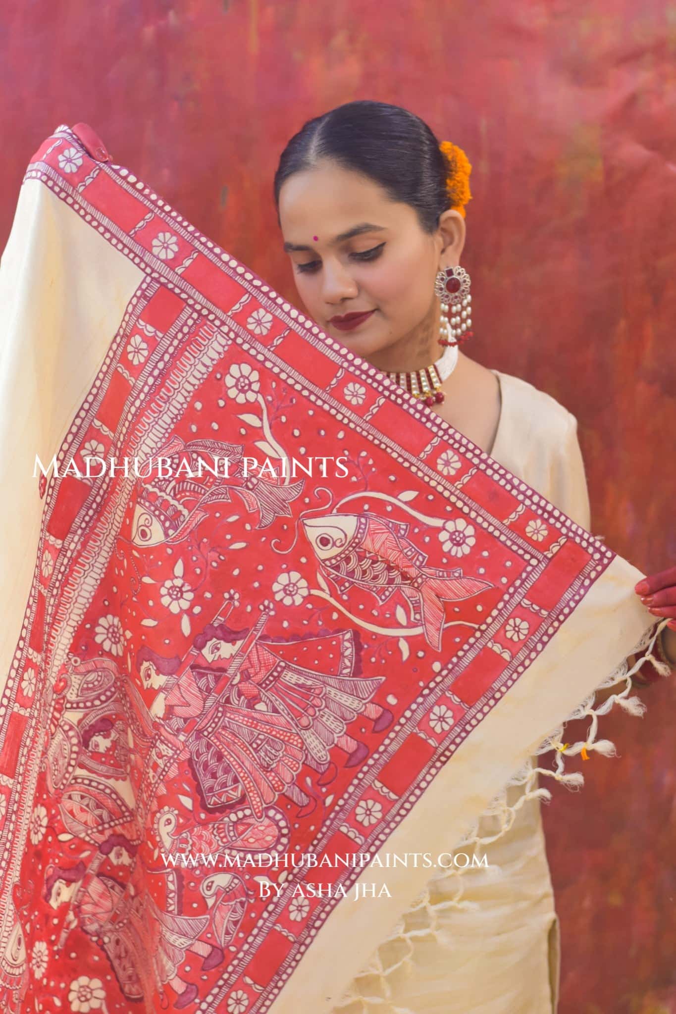 'LAAL DOLI' Handpainted Madhubani Tussar Silk Dupatta — image 3 of 6