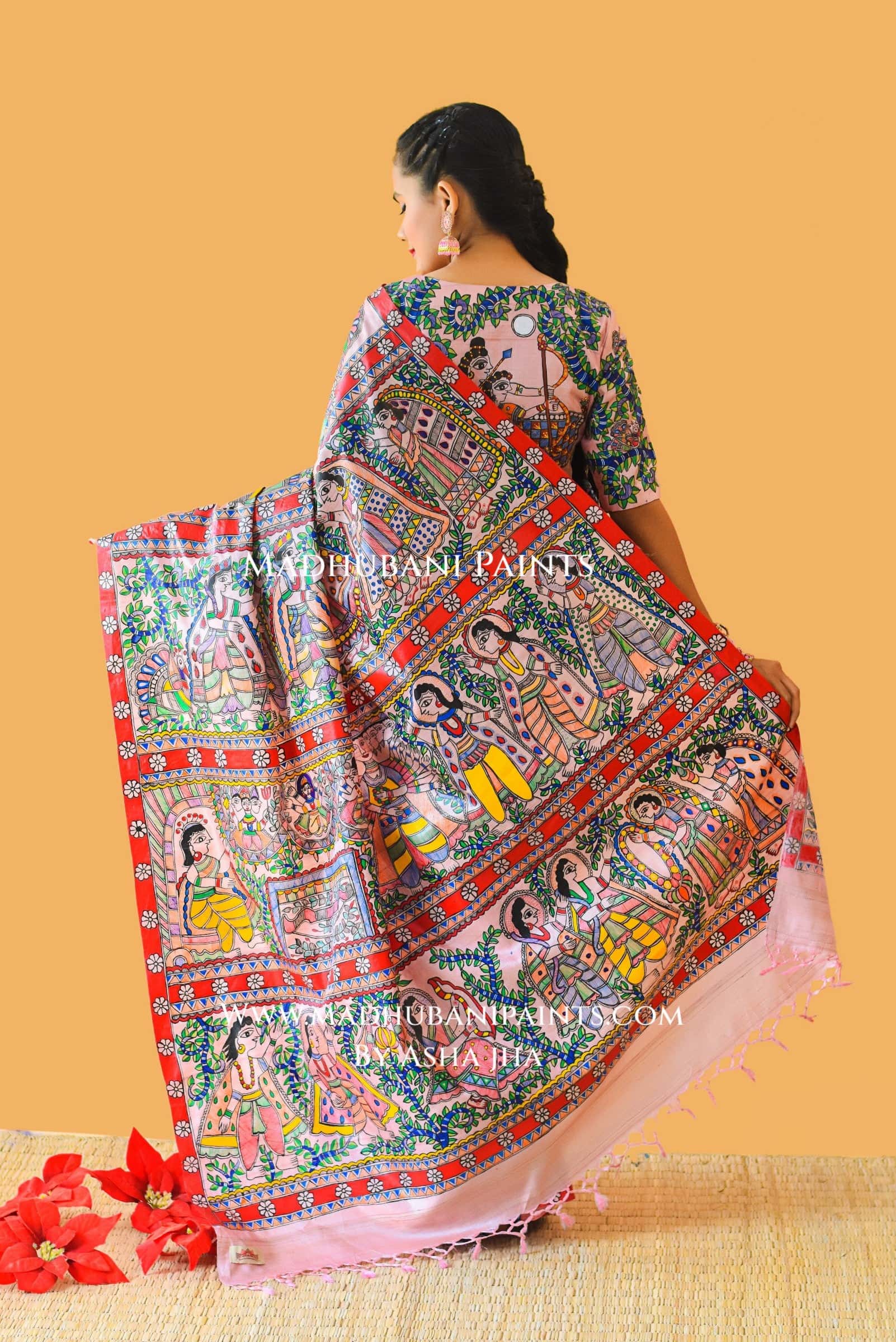 "RAMAYAN STUTI" Hand-painted Madhubani Tussar Silk Saree — image 4 of 6