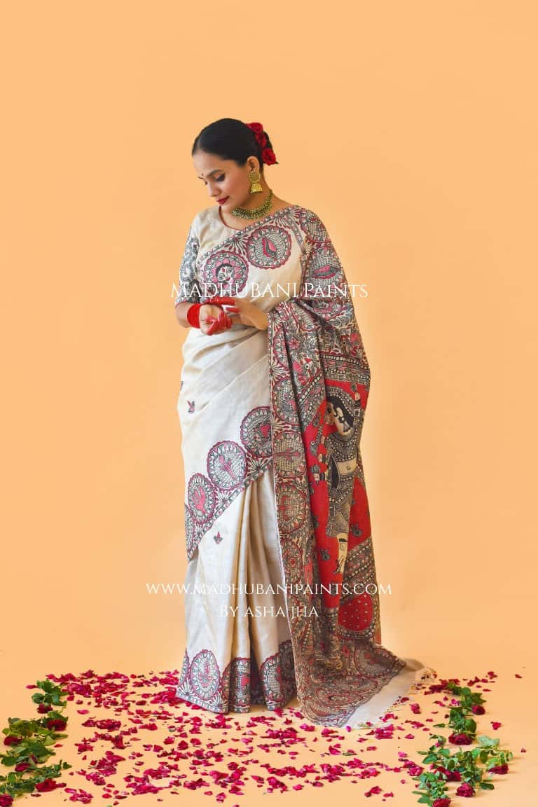 'SUNDARI' Handpainted Madhubani Tussar Silk Saree Blouse Set — image 5 of 11