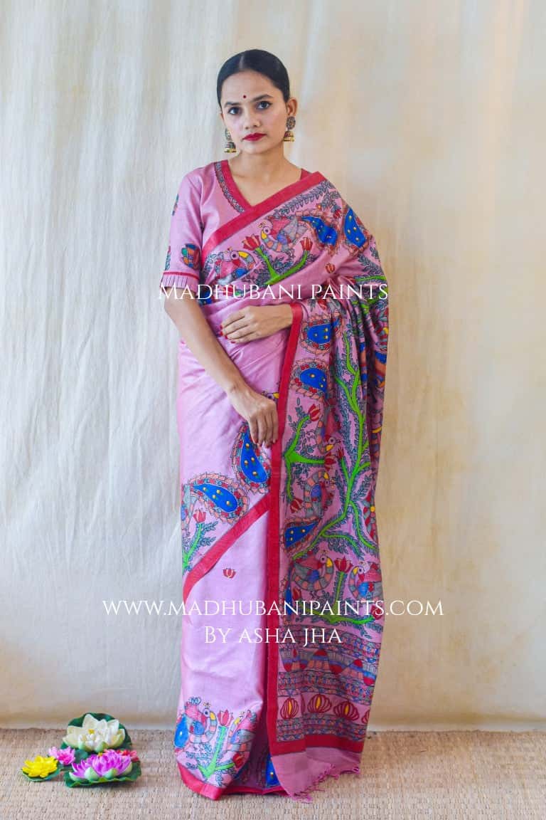 GULABI MAYURI DOLI Madhubani Painting Saree Blouse set — image 7 of 9