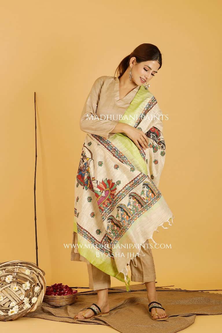 Shiva-Parvati Madhubani Handpainted Pure Handloom Cotton Dupatta